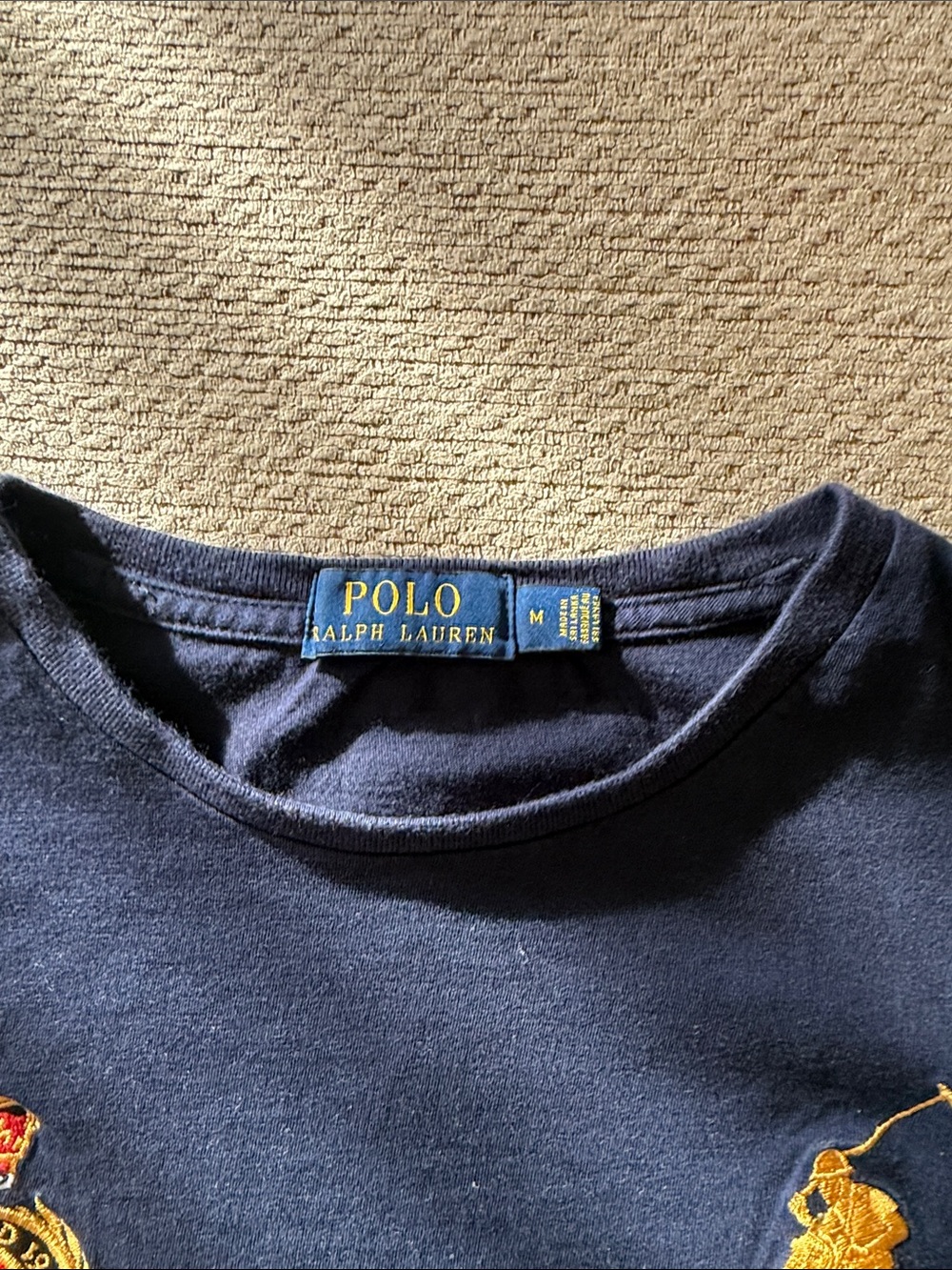 Ralph Lauren Navy Long Sleeve Polo Crest Tee with Green & Red Stripes - Picture 2 of 3